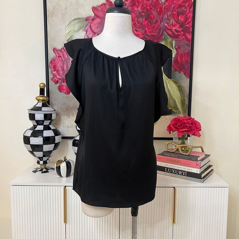 White House Black Market Women's Flutter Sleeve Keyhole Blouse Black Size Small
